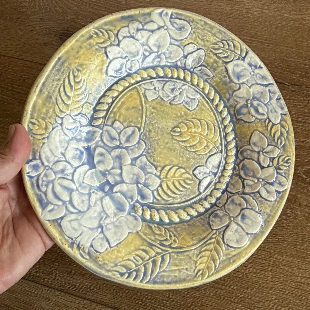 Handmade Studio Pottery Hydrangea Floral Relief Plate Blue Yellow Green 9.25
